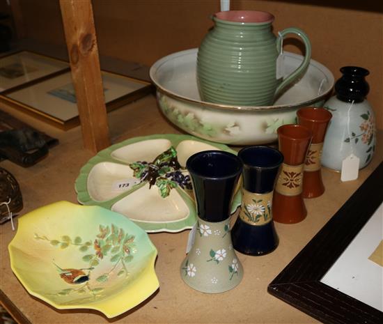 Lovatts large ribbed water jug, various items of Lovatts Langley pottery, Carlton Ware hors doeuvre & a toilet basin